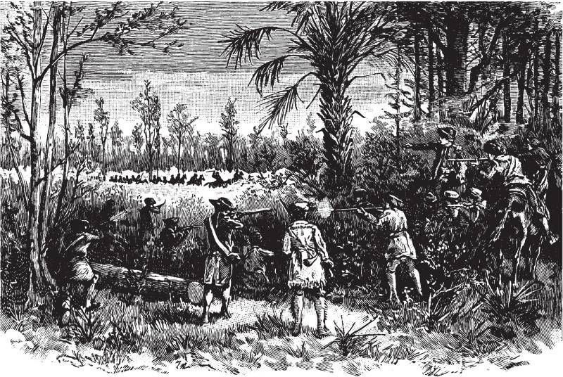 A black and white drawing of a group of people standing in the woods.
