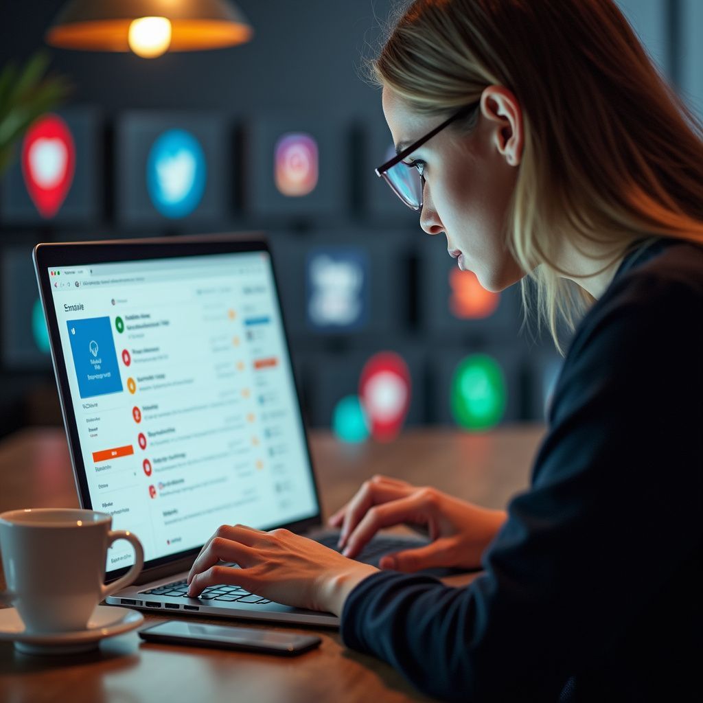 Woman working on laptop at desk, social media icons in background, coffee cup nearby.