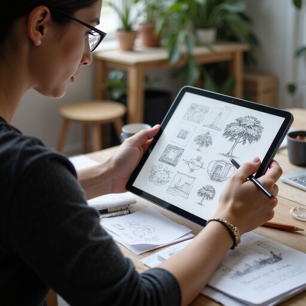 Woman drawing tree sketches on a tablet with a stylus. Desk with paper, plants, and coffee.