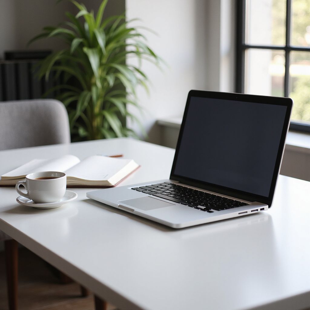 Laptop, coffee cup, and open book on white desk near a window and plant.