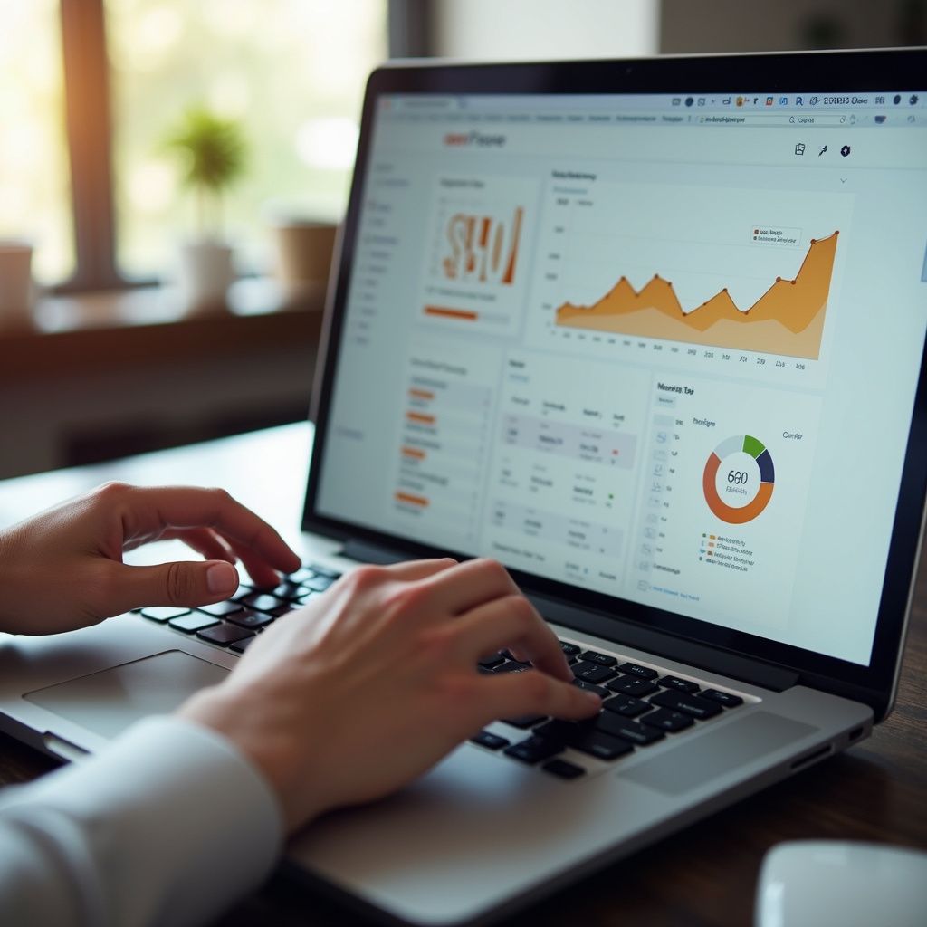 Person typing on a laptop, viewing a data analytics dashboard with charts and graphs.