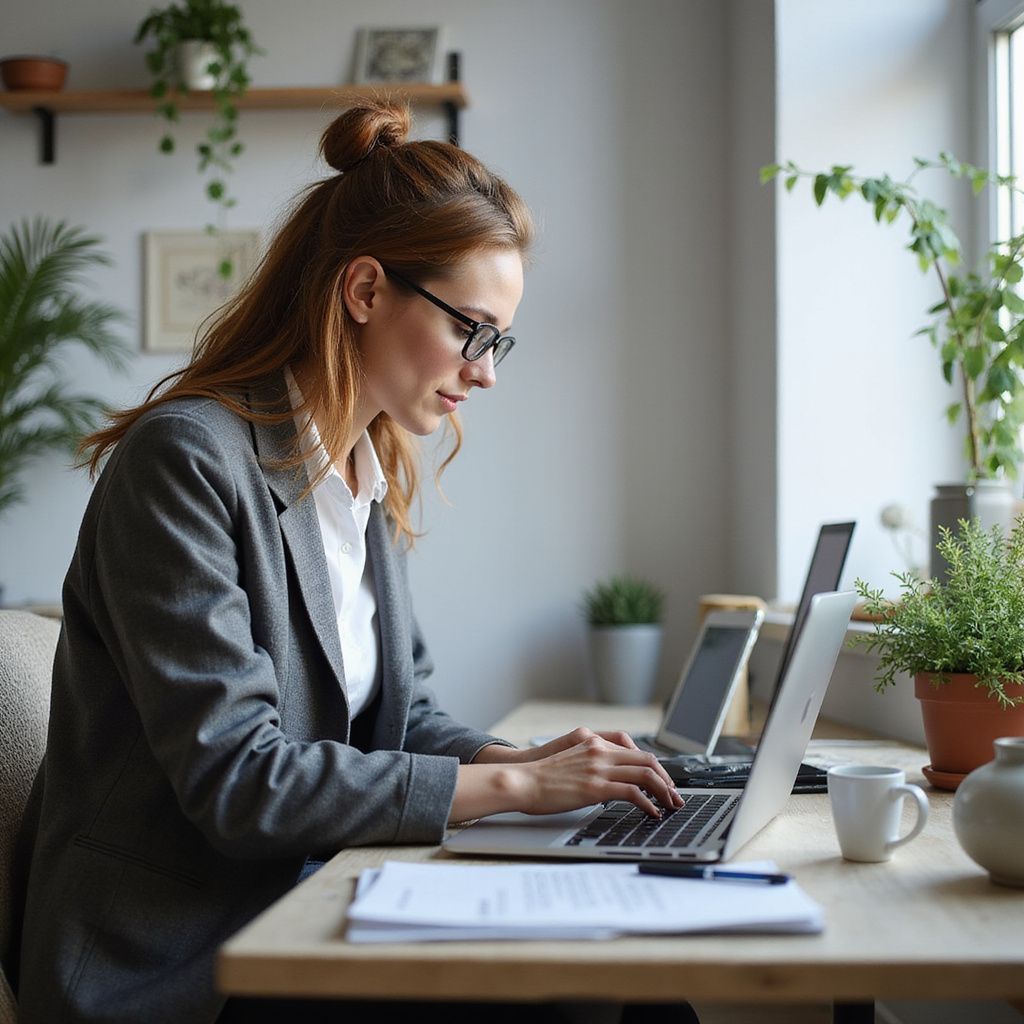 Woman wearing glasses, typing on a laptop at a desk with two other laptops, plants, and a mug.