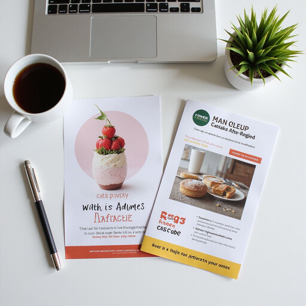 Coffee, laptop, plant, and two flyers on a white desk; one flyer has a dessert photo, and the other shows food and drink.
