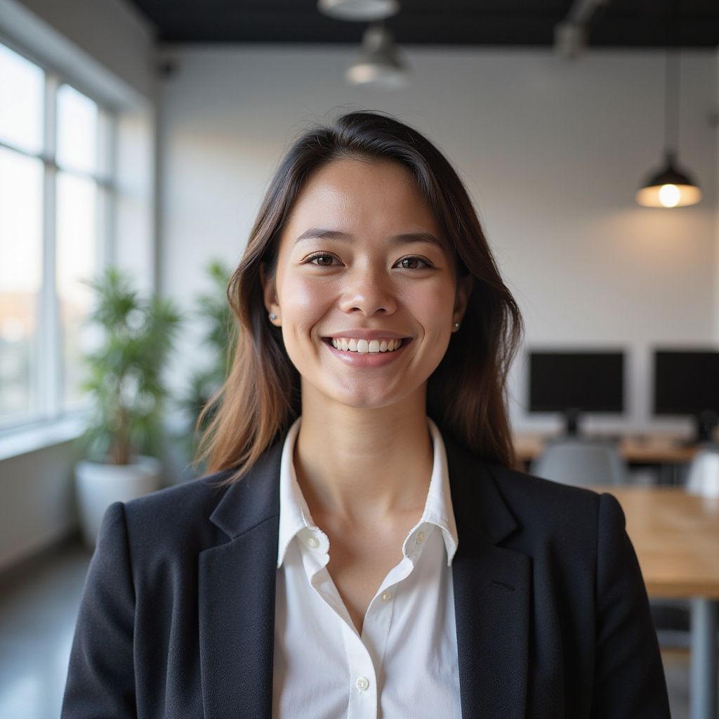 Woman in black blazer smiling in office setting.