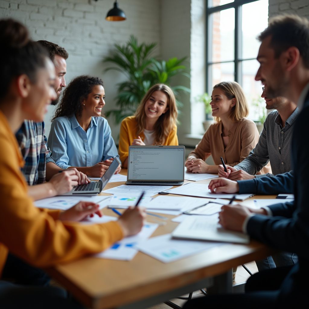 A diverse group of people collaborating around a table, using laptops and documents in a bright office.