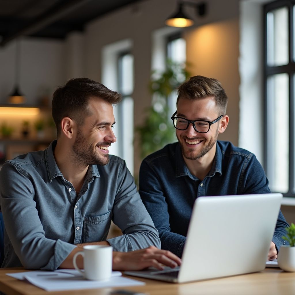 Two men smiling, looking at a laptop in a brightly lit office setting. One man wears glasses.