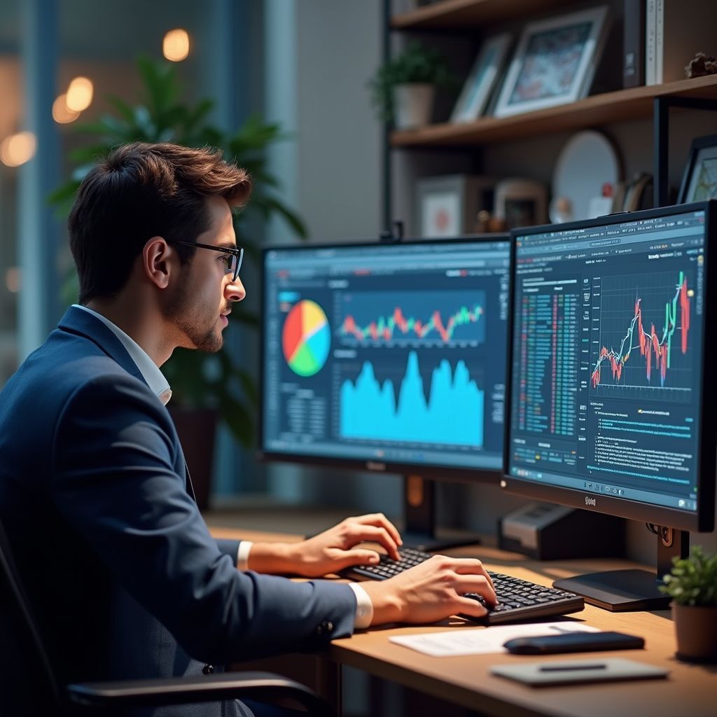 Man in suit analyzing financial data on dual computer screens in an office.
