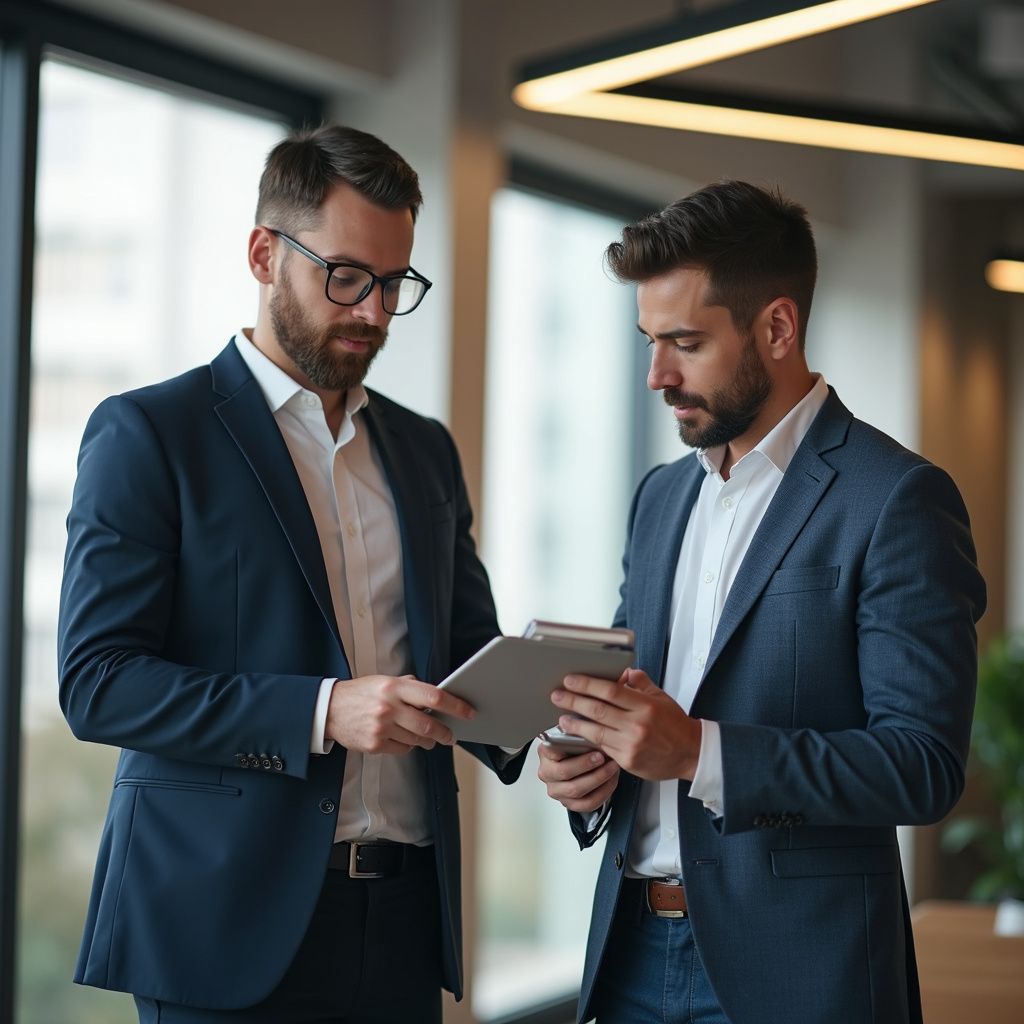 Two men in suits looking at a tablet together in an office.