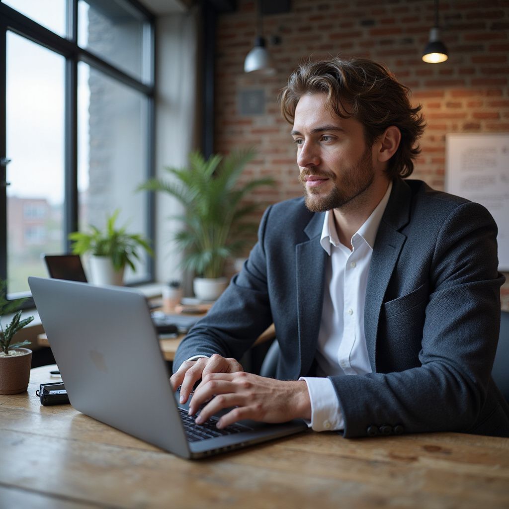 Man in a suit using a laptop, looking thoughtful, indoors near a window.