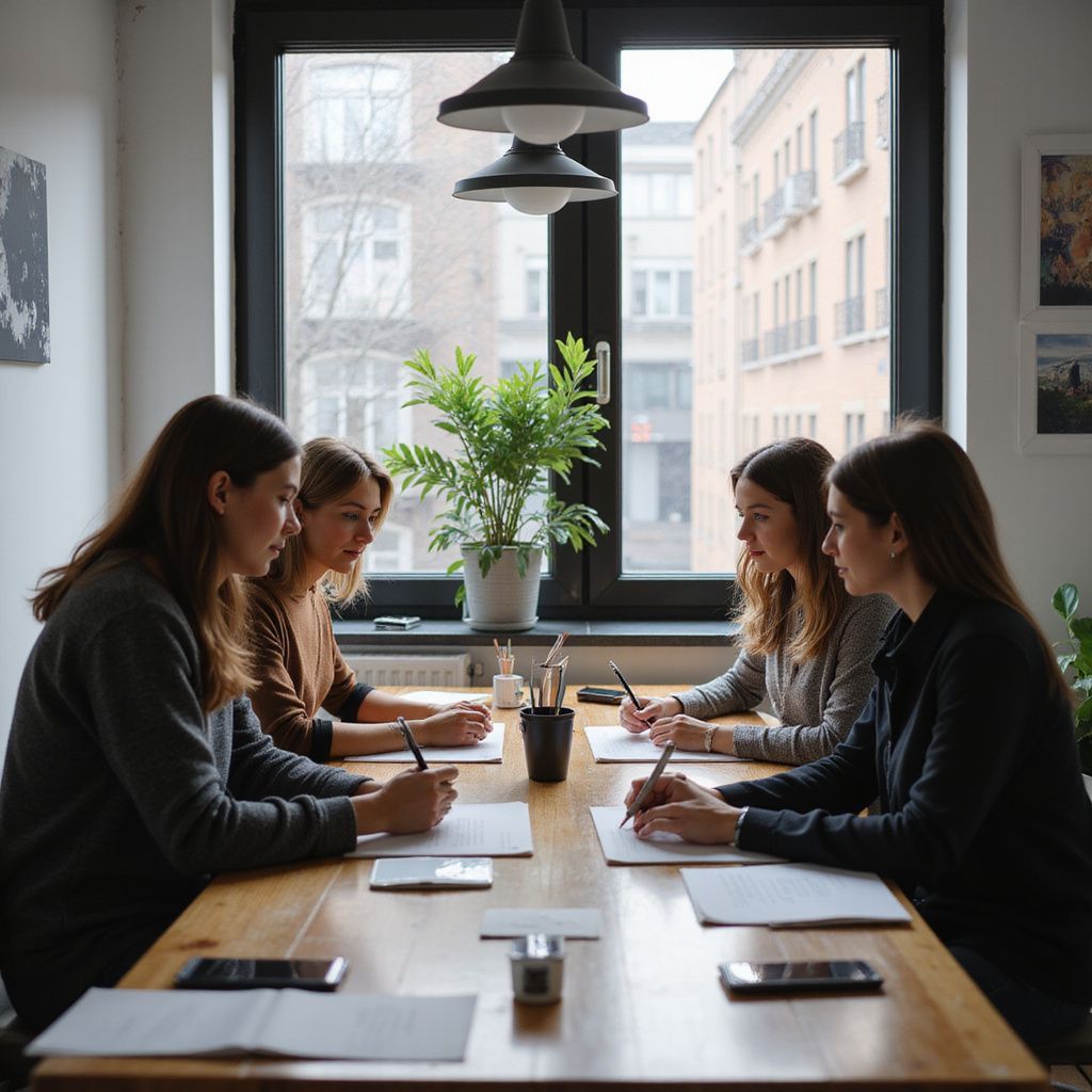 Four women sit around a table writing, in a room with a window and plant.