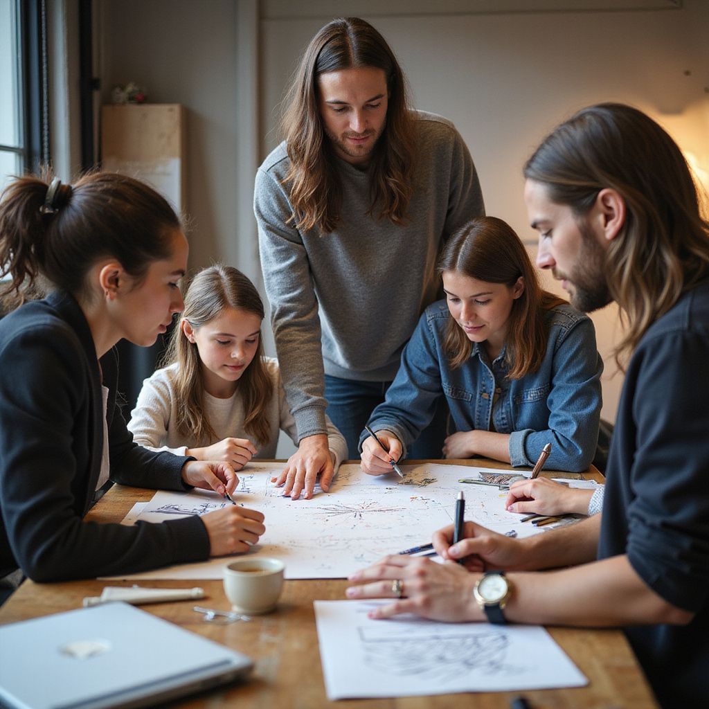 Group of people, including two children, collaborating around a table, drawing on paper.