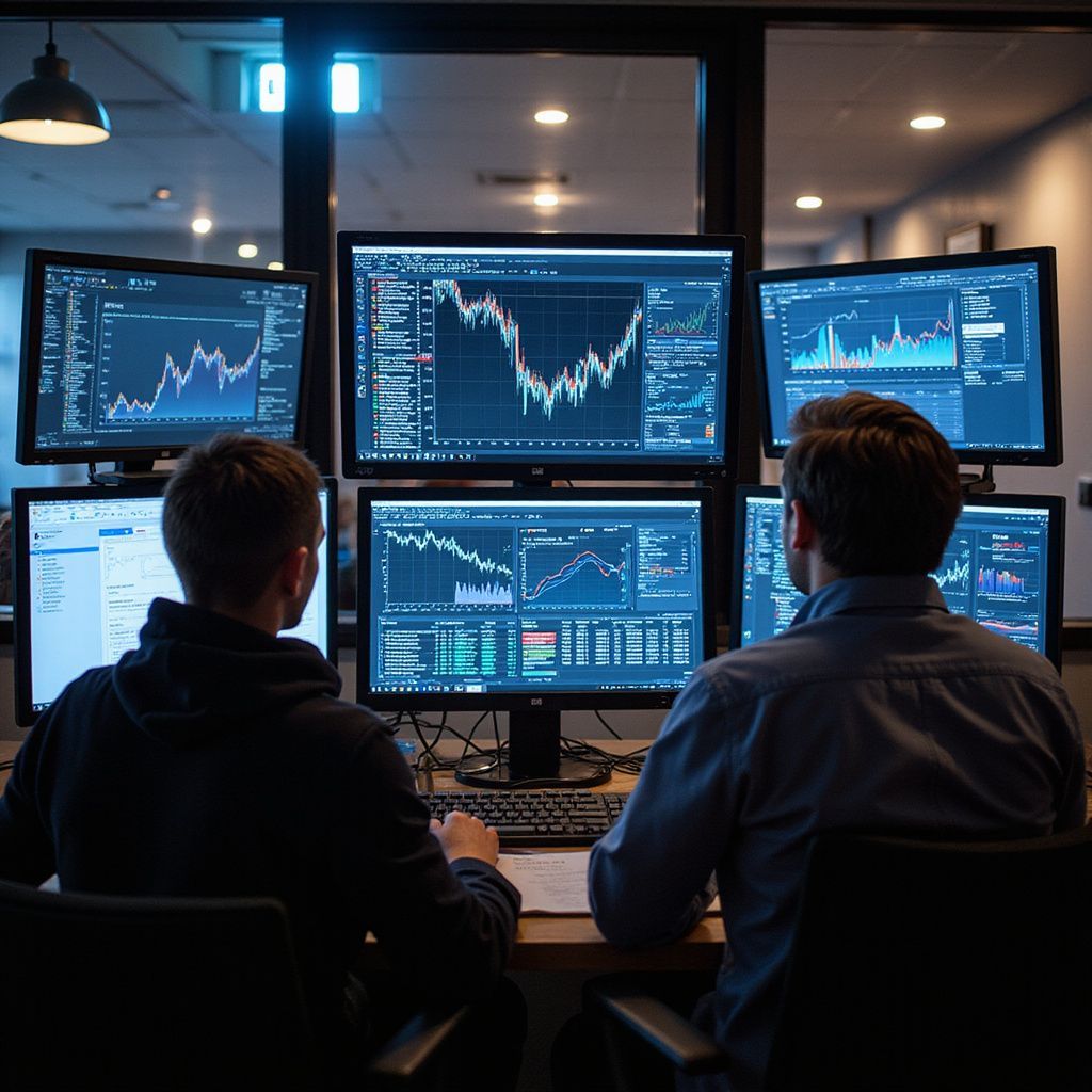 Two people monitor stock market data on multiple computer screens in a dimly lit office.