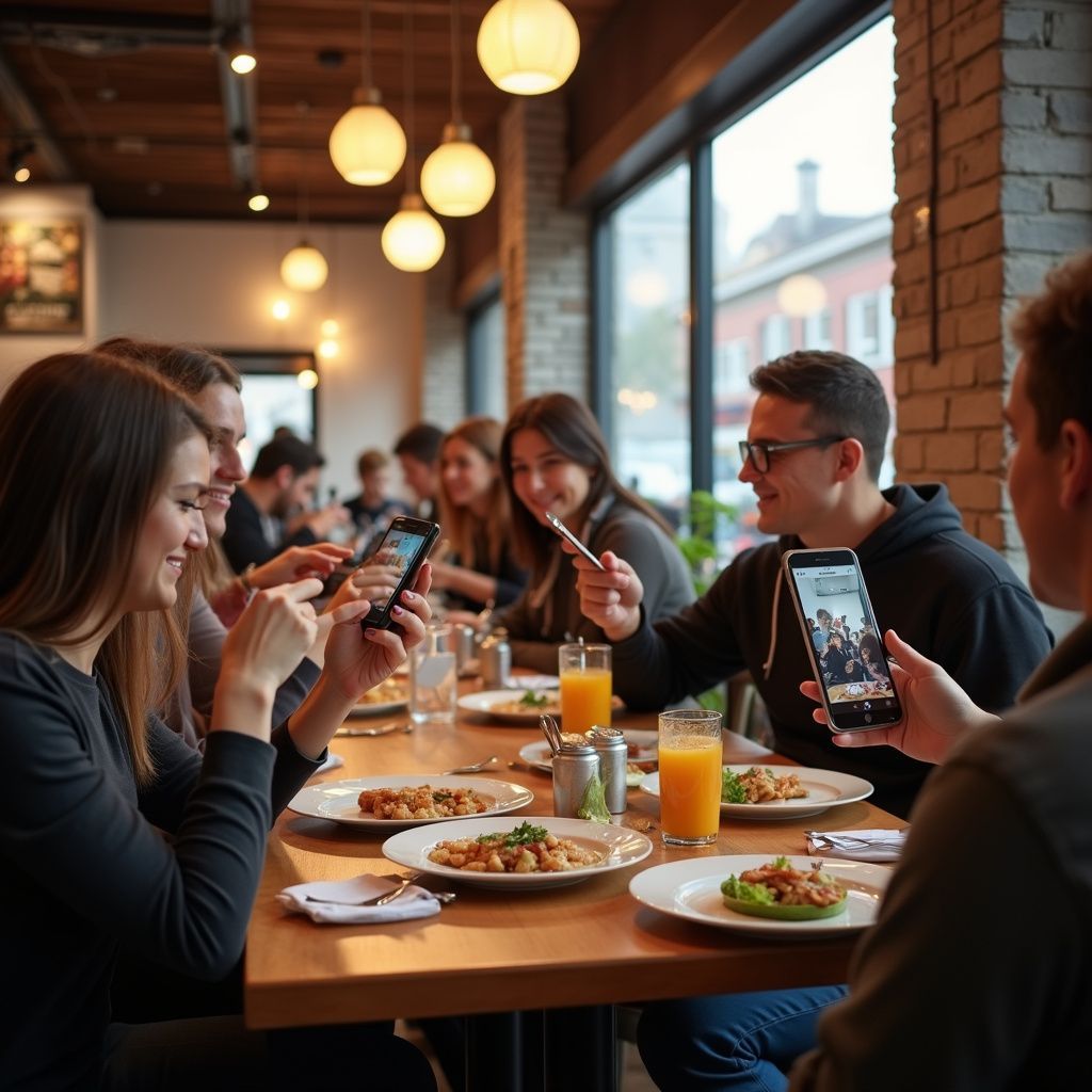 People at restaurant table using phones; plates of food, orange juice.