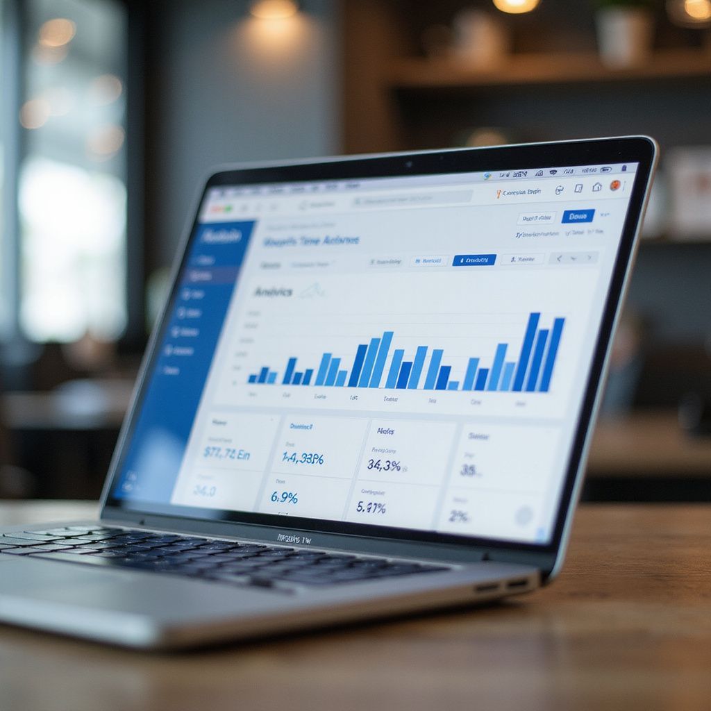 Laptop displaying analytics chart with blue bars.