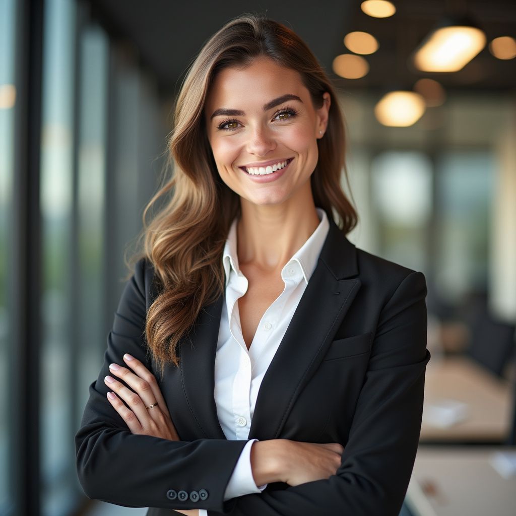 Woman in a black suit smiles with arms crossed, in a modern office setting.