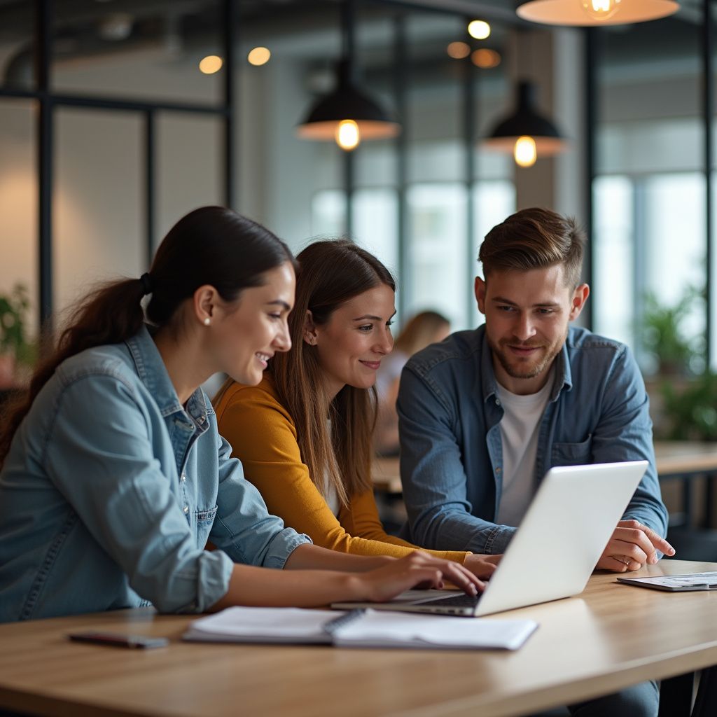 Three coworkers look at laptop together in an office setting.