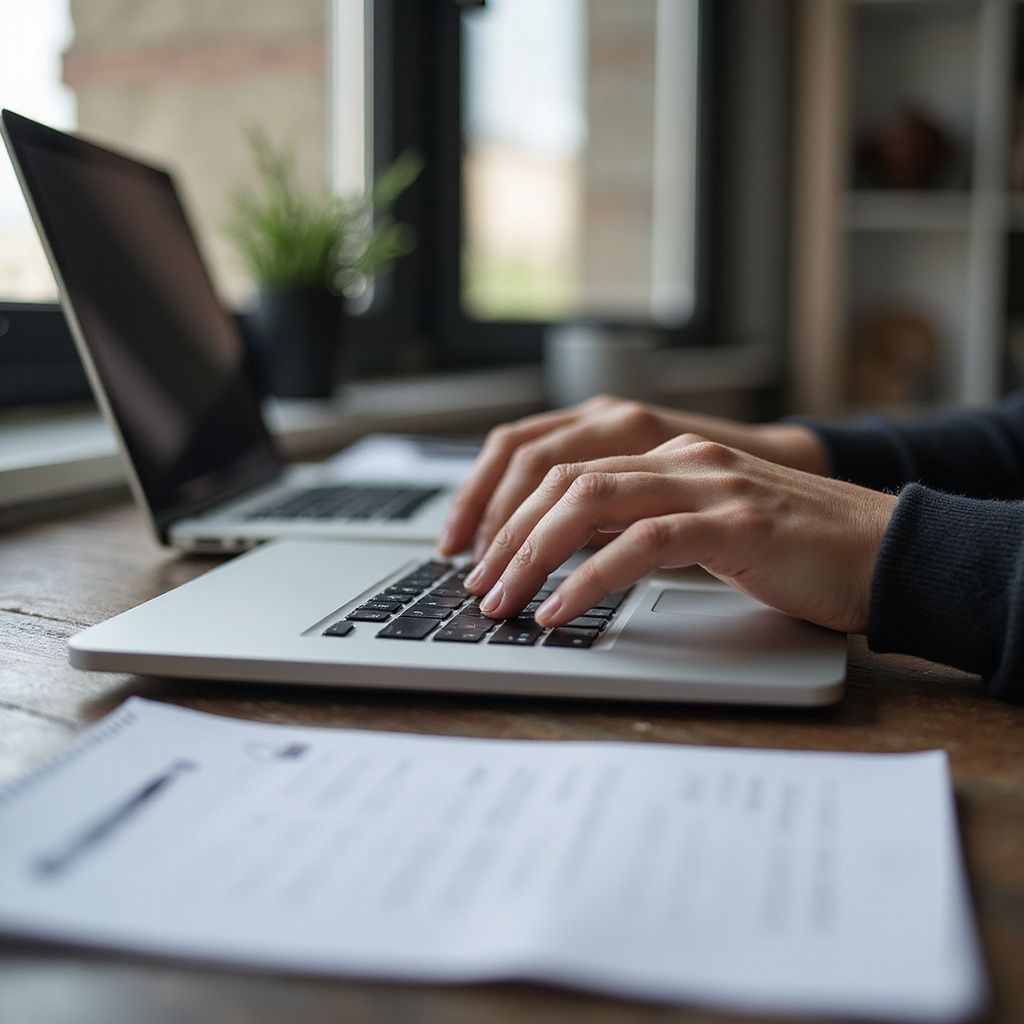 Hands typing on a laptop, a document below. Indoors with a window in the background.