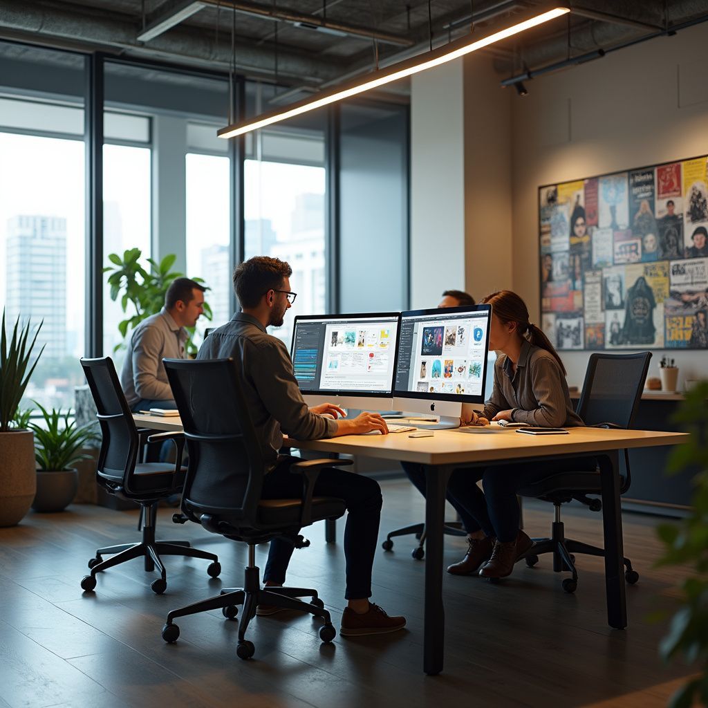People working collaboratively at a table in a modern office with large windows.