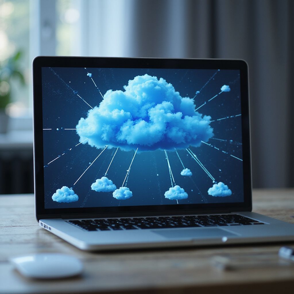 Laptop displaying a digital cloud with connections to smaller clouds.