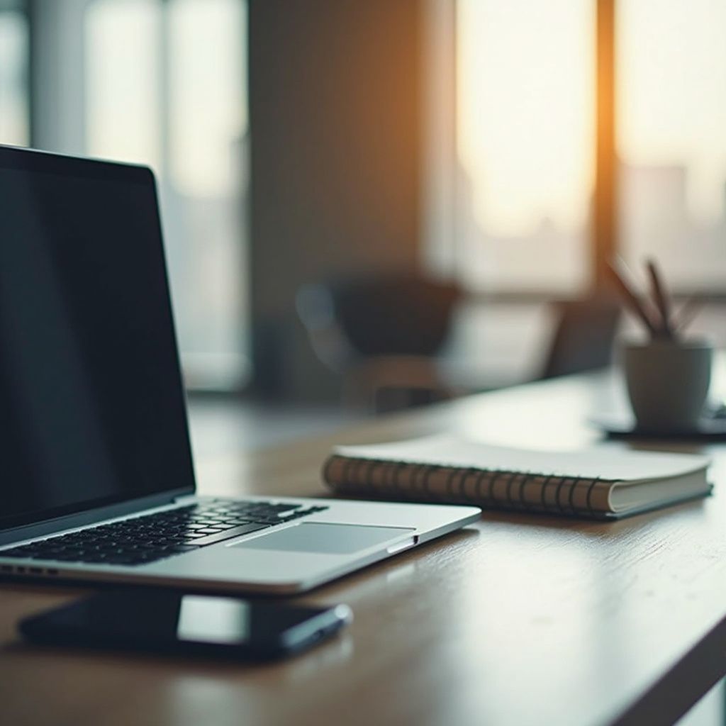 Laptop, smartphone, notepad, and pens on a wooden table in an office setting.