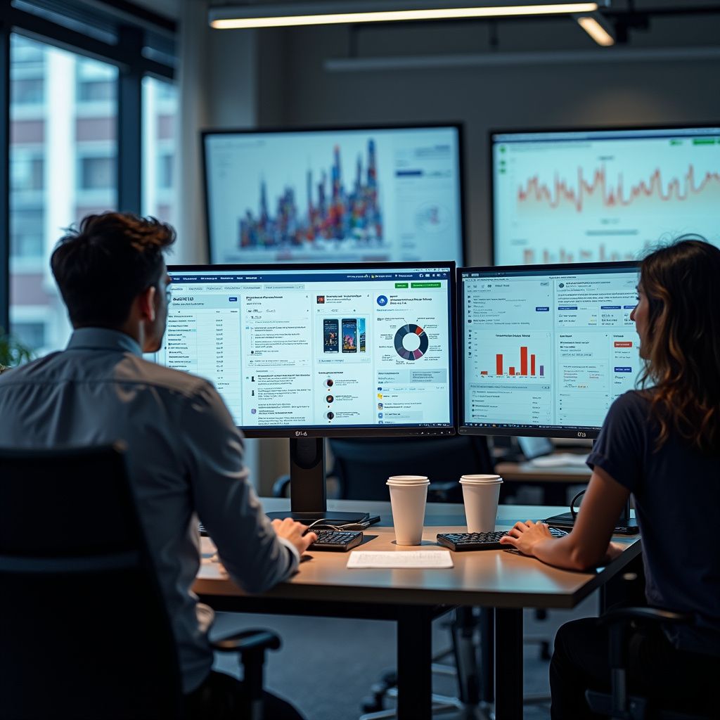 Two people working at computers, reviewing charts and data in a modern office setting.