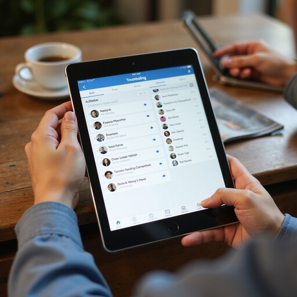 Hands holding a tablet displaying a list of names, near a coffee cup and phone.