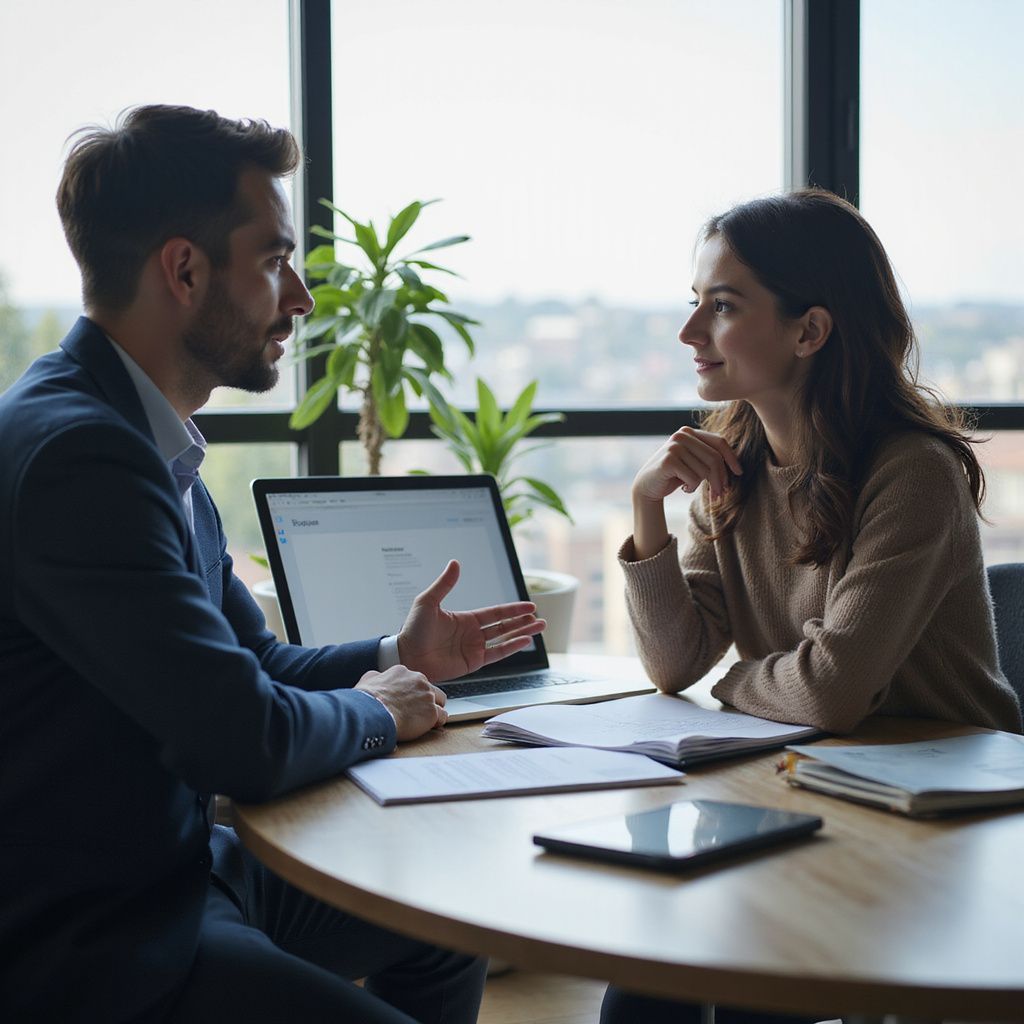 Man and woman at a table, looking at a laptop and documents. Office setting, discussing work.