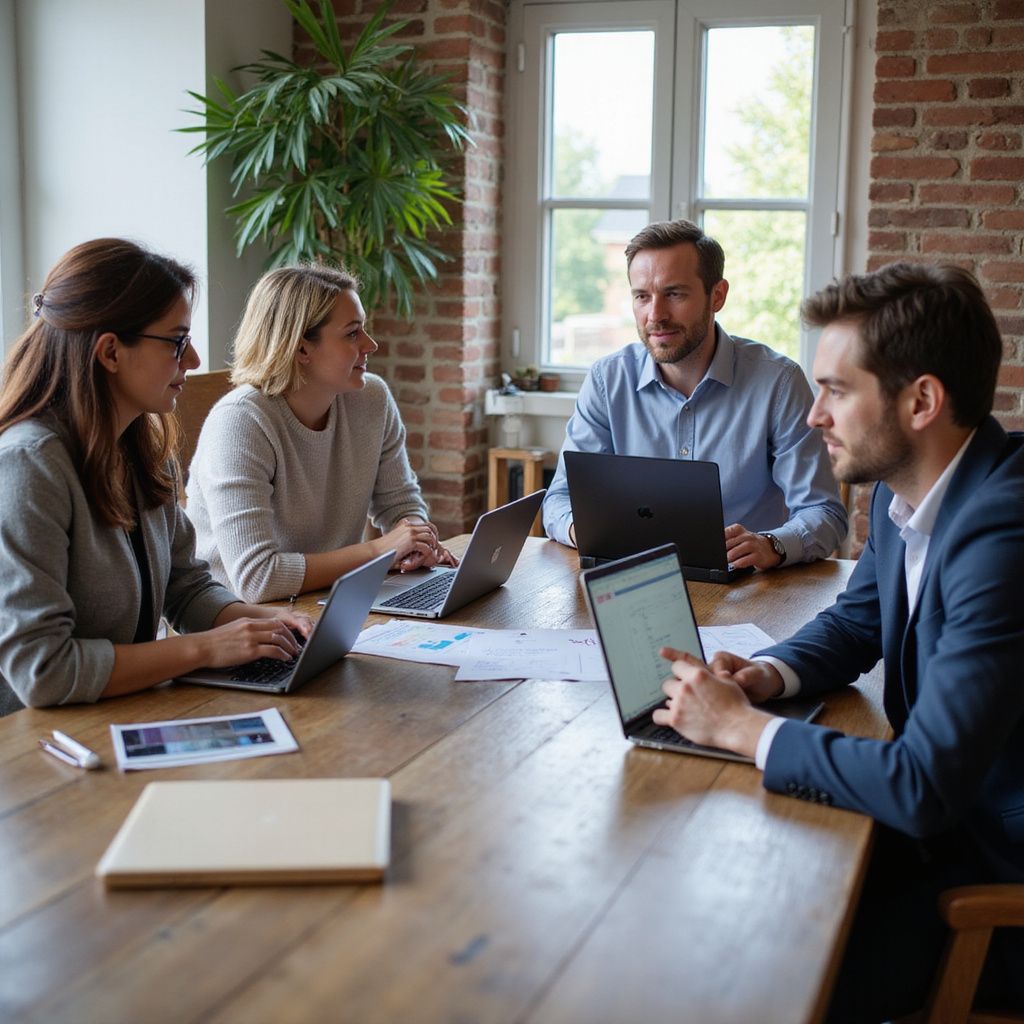 Four people in a meeting, around a wooden table with laptops. Brick wall background, window visible.