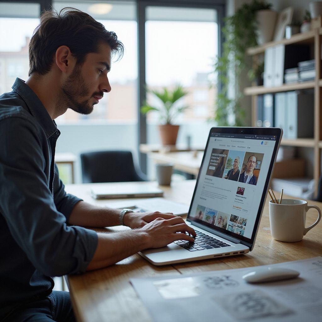 Man typing on a laptop at a desk near a window; coffee mug, papers, and greenery visible.