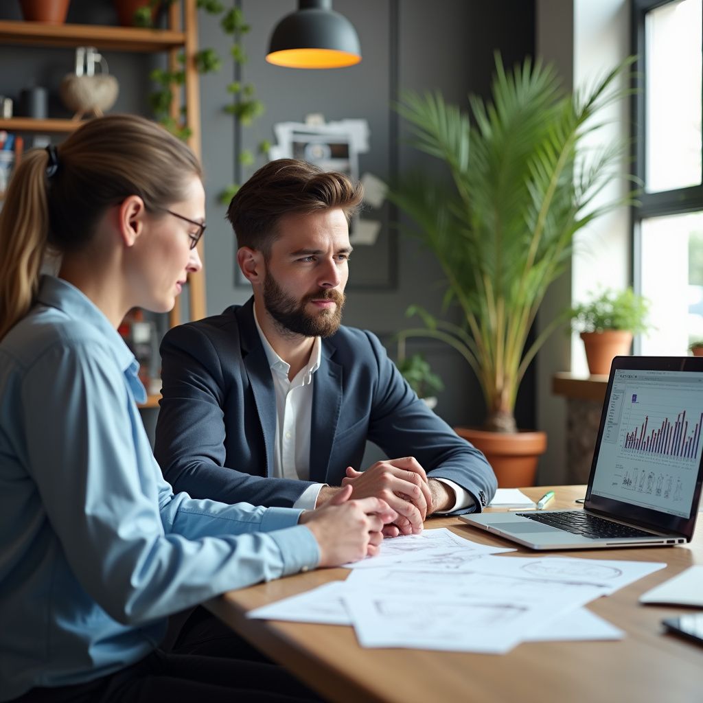 Two people at a desk review data on a laptop and papers. Indoor office with a potted plant.