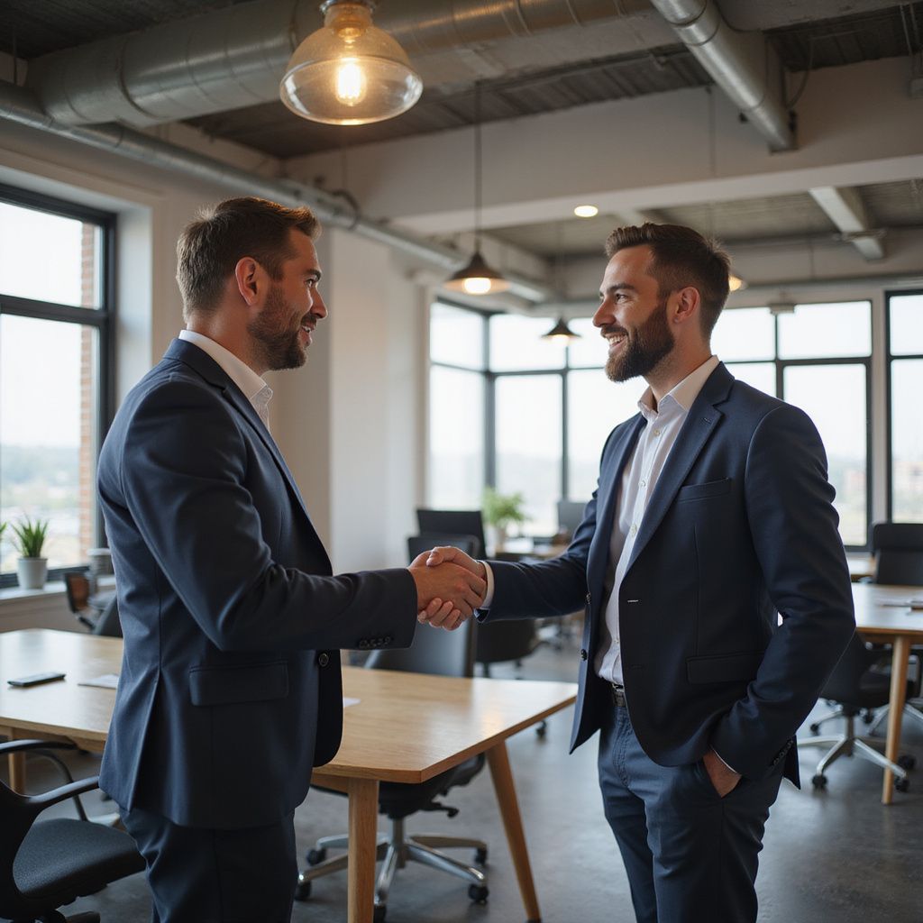Two men in suits shaking hands in an office, smiling.