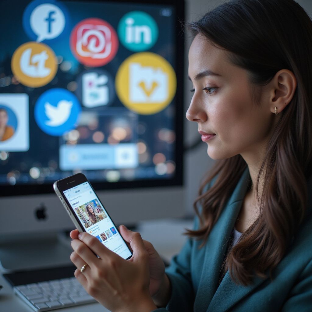 Woman in teal blazer uses smartphone, social media logos on monitor behind.