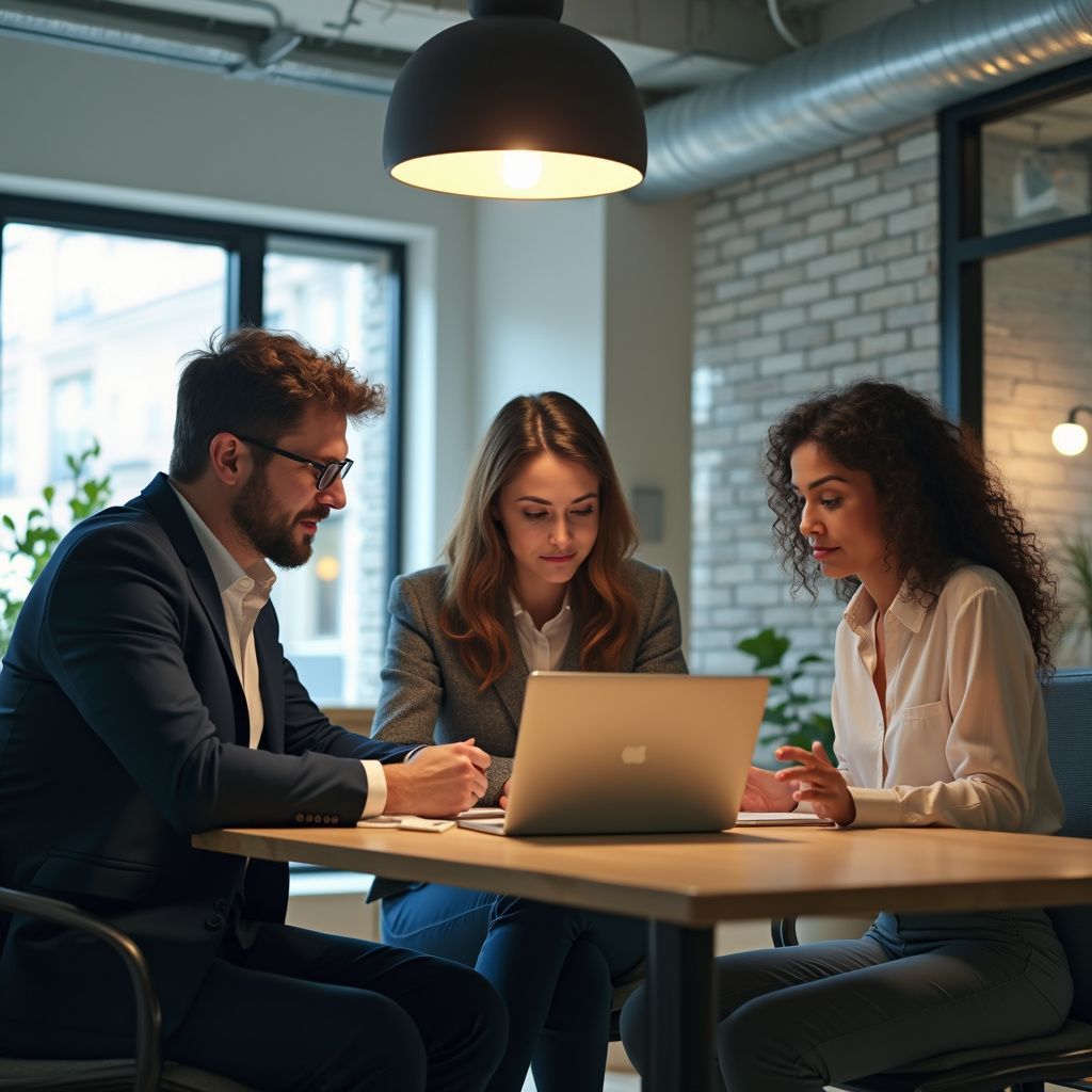 Three people at a table reviewing a laptop. Office setting, focused expressions, lit by overhead lamp.