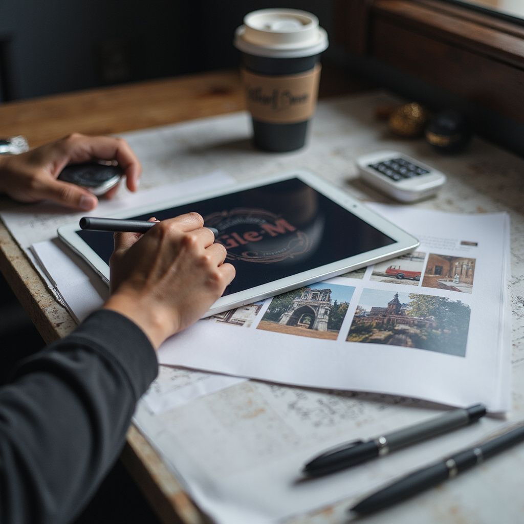 Person using a stylus on a tablet, with coffee, documents, and pens on a table by a window.
