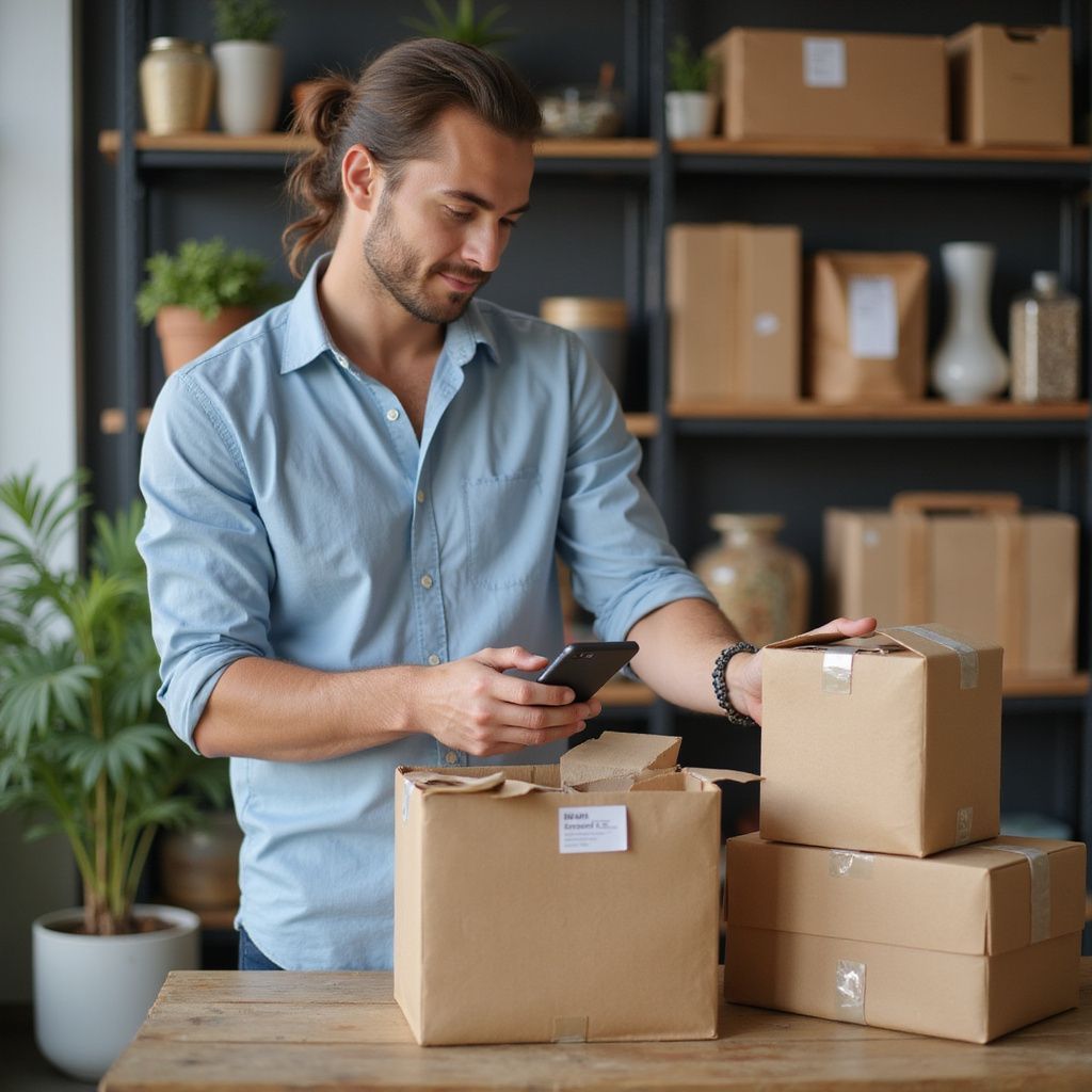 Man scanning a package label with his phone, surrounded by stacked boxes in a shop.