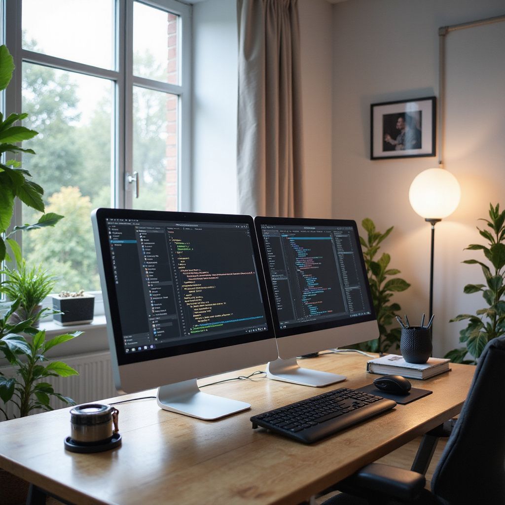 Desk with two monitors displaying code, keyboard, mouse, and lamp. Window with plants in a bright room.