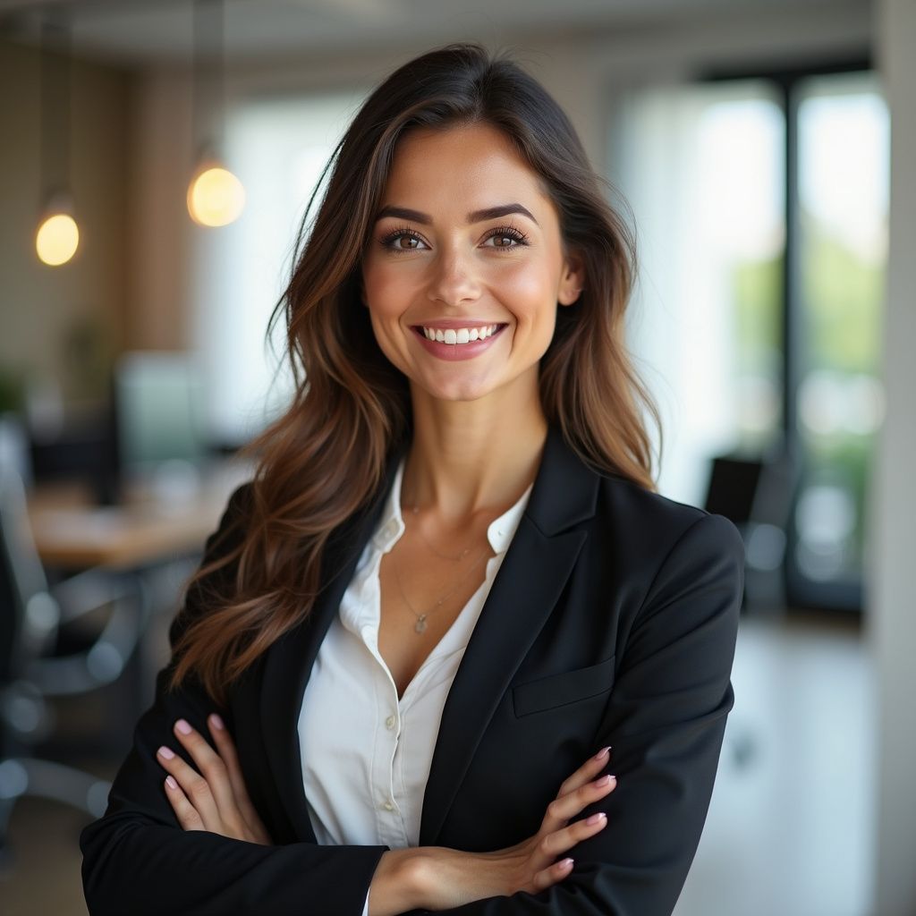 Woman in a blazer smiles, arms crossed, in an office setting.