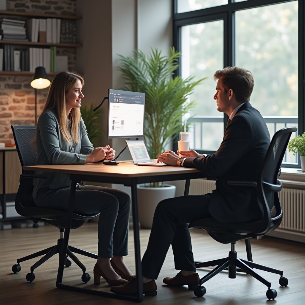 Two people in suits at a desk, possibly an interview. A computer, laptop, and coffee cups are present.
