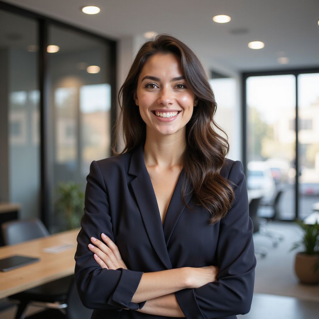 Woman with crossed arms smiles in an office, wearing a dark blazer.
