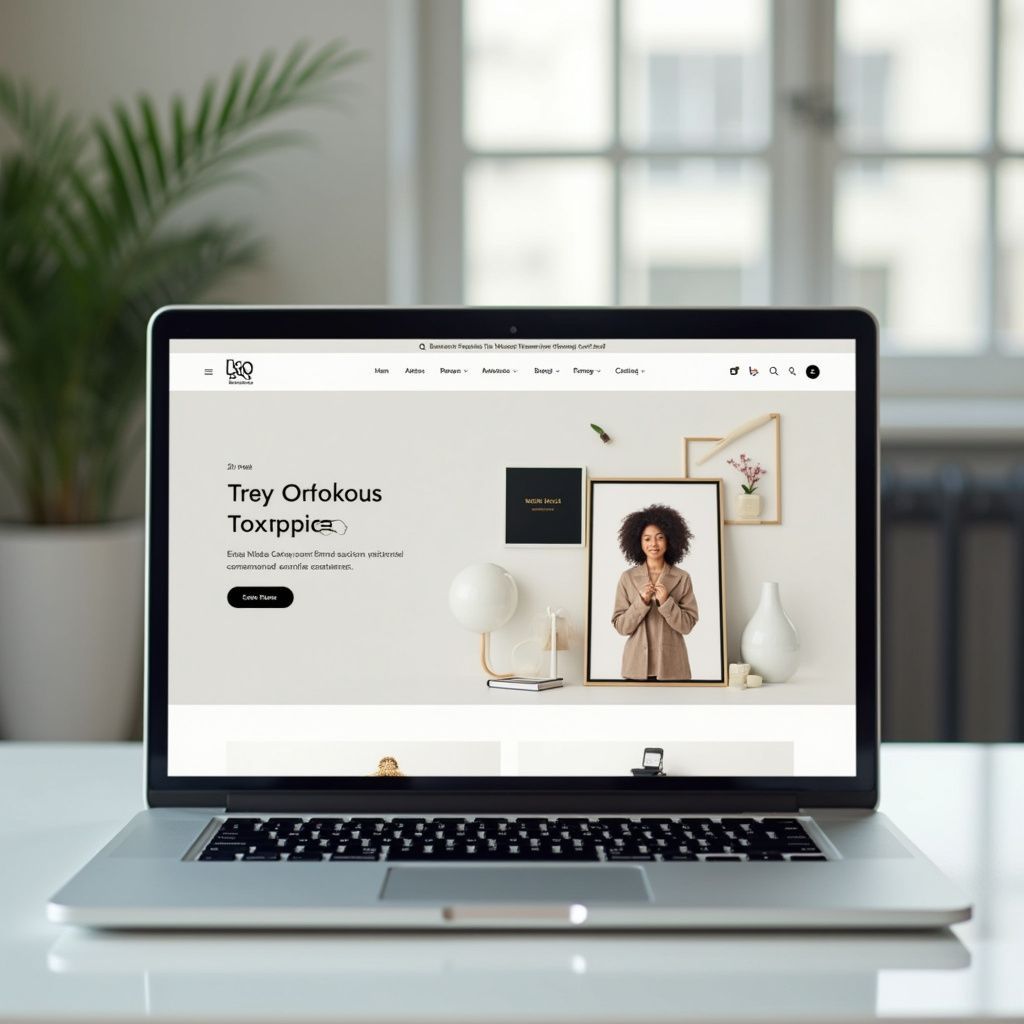 Laptop displaying a website with a person's photo, neutral background, and text.