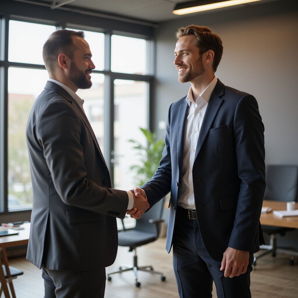 Two men in suits shake hands in an office, smiling.
