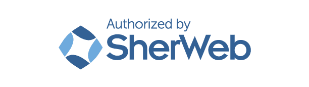 Logo for SherWeb with a blue and white diamond shape and text saying 