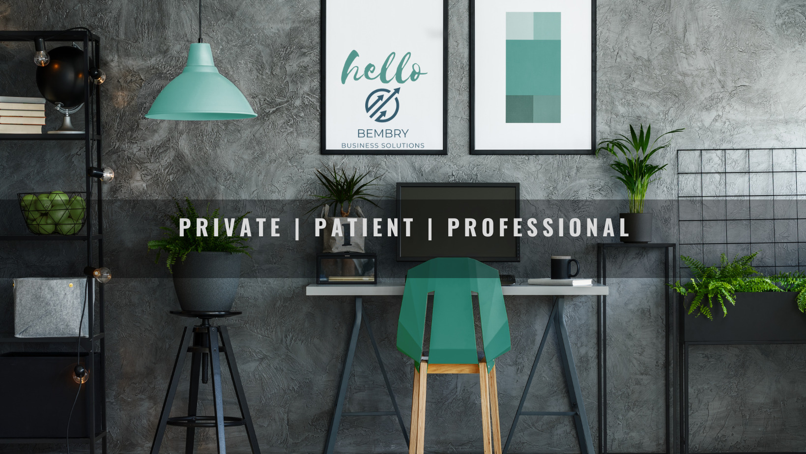 A modern office with a teal chair and decor. The words 