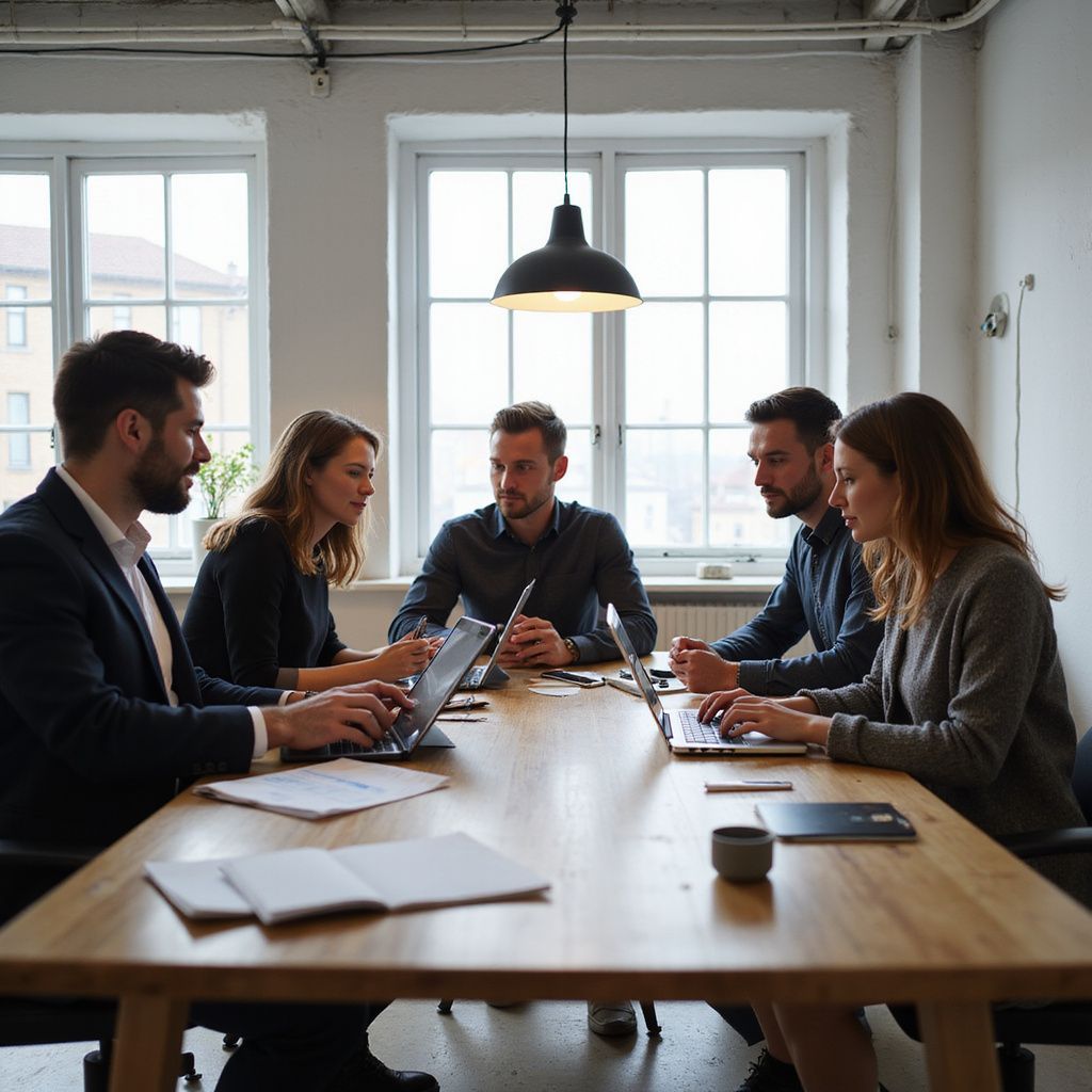 People at a meeting, sitting around a wooden table in an office. Some are using laptops, looking at documents.