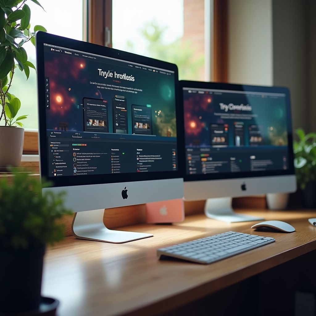 Two Apple iMac computers on a wooden desk with a keyboard, mouse, and plants near a window. Website displayed.