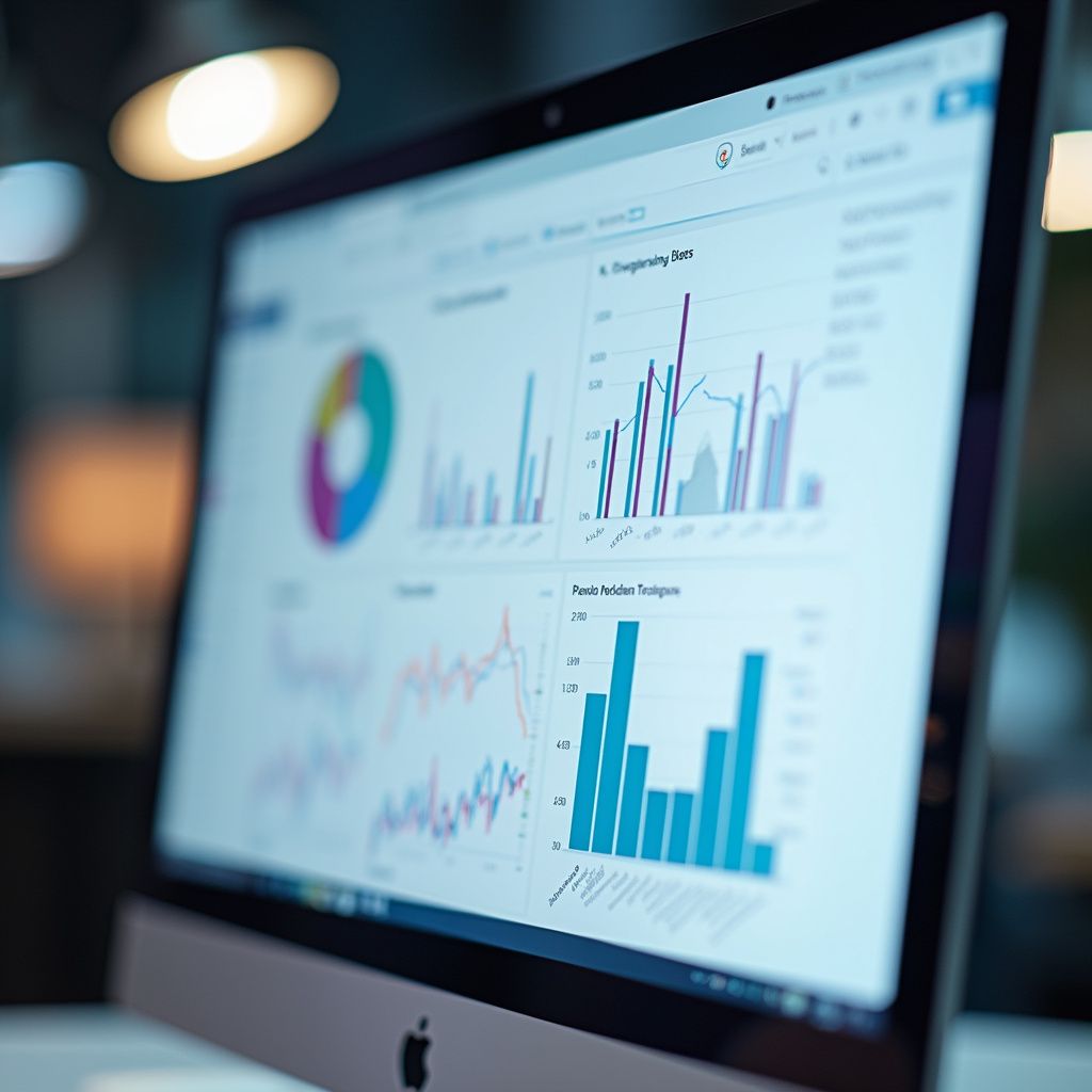 A computer screen displaying colorful charts and graphs, likely data analysis.
