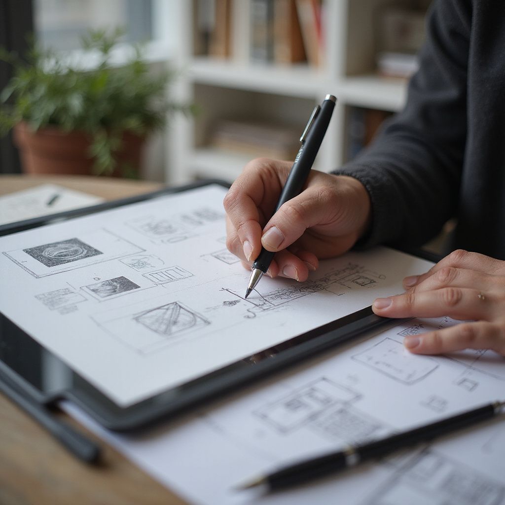 Person sketching on a digital tablet with a stylus, other sketches and pens on the table.