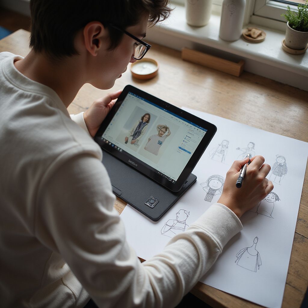 Person with glasses sketching on paper, while viewing a tablet with design images on a table.