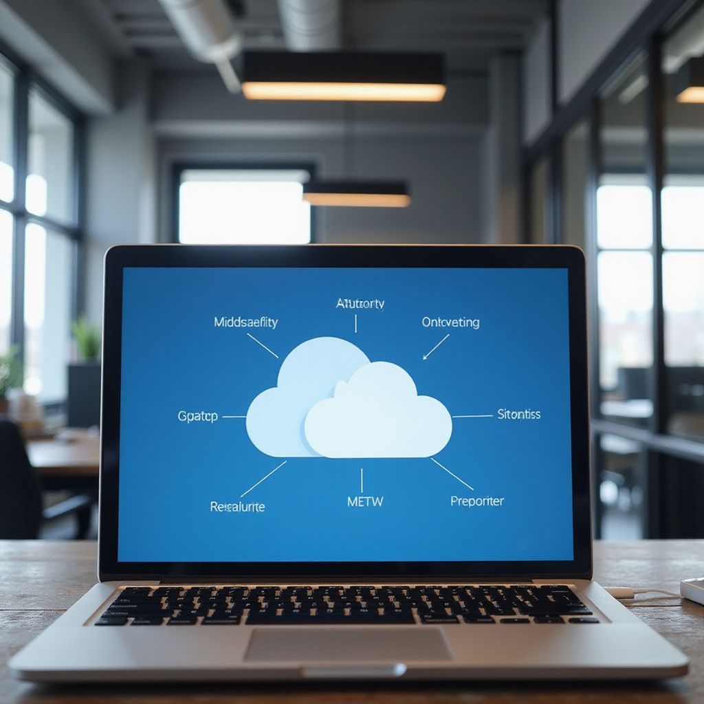Laptop on a desk displaying a cloud computing graphic, in an office setting.
