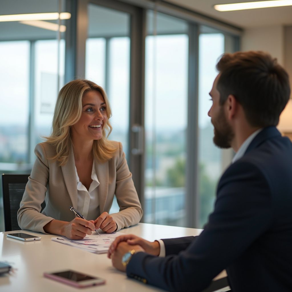 Woman interviewing a man at a table in an office, both smiling, paperwork visible.